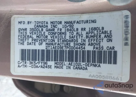 1993 Toyota Corolla Le/Dx from USA, damaged, VIN 2T1AE09E7PC004454
